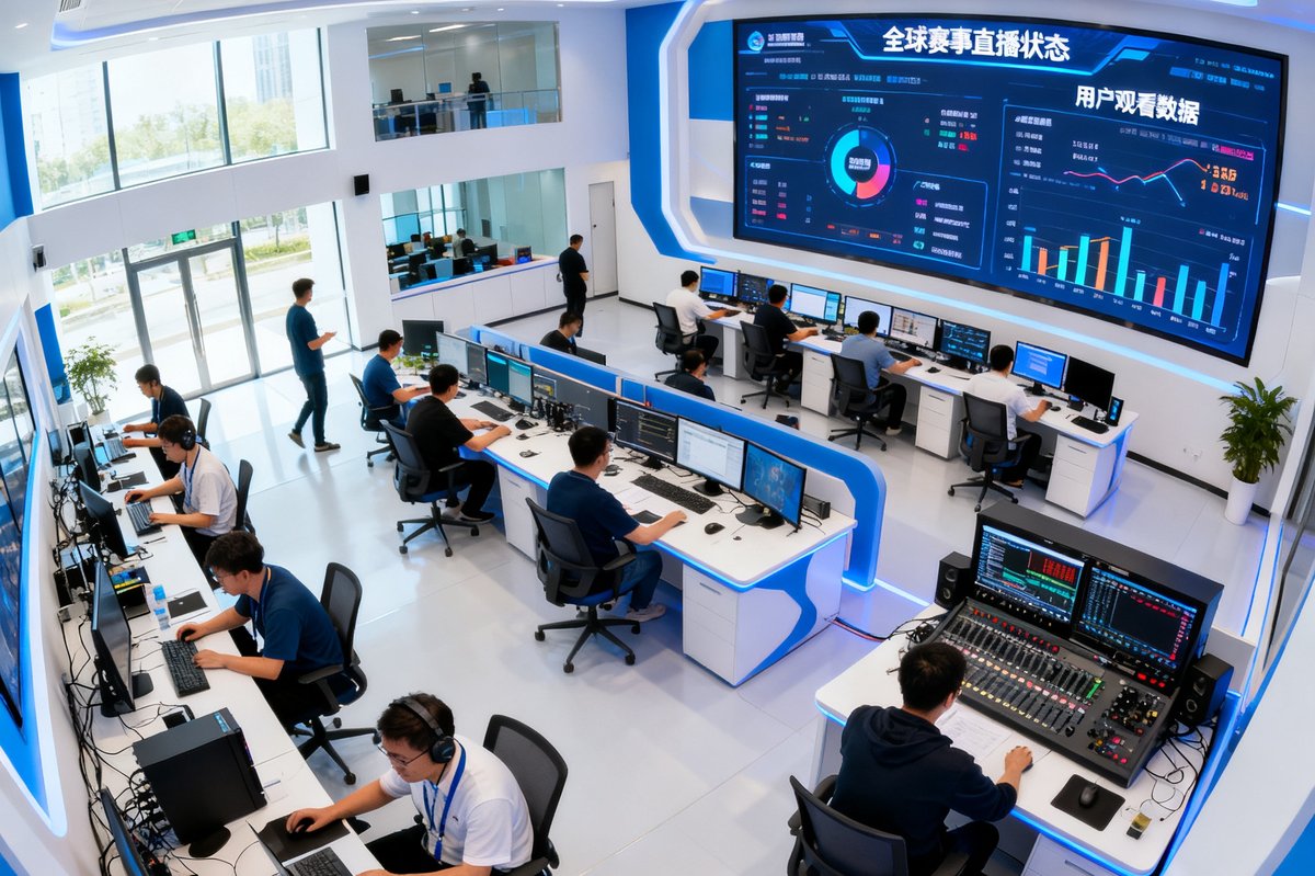 360直播北京总部开放式办公区全景，数十名工程师和编辑在宽敞明亮的空间中协作，墙面大屏实时显示全球赛事直播状态和用户观看数据，角落设有专业演播设备调试区