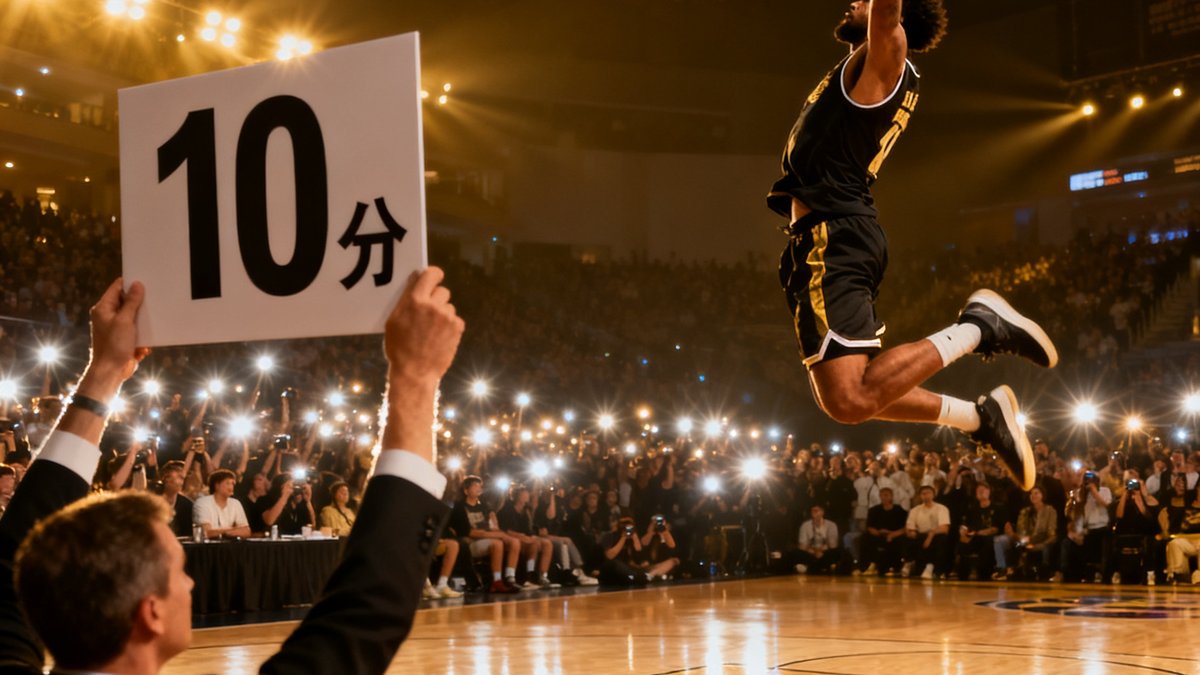 NBA全明星扣篮大赛精彩回放画面，球员从罚球线起跳完成360度转身暴扣，现场评委高举10分满分牌，观众席闪光灯密集闪烁