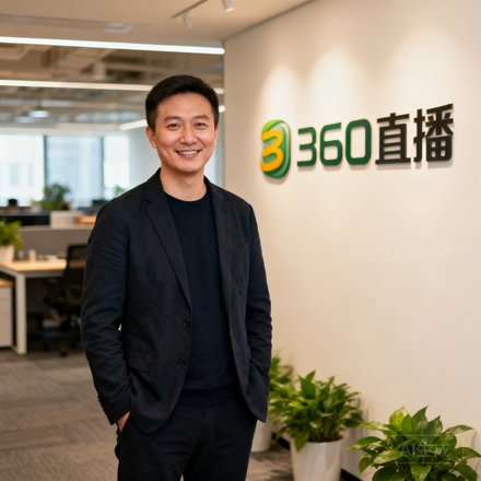 360直播创始人张磊的半身肖像照，他穿着深色休闲西装面带微笑站在公司logo墙前，眼神坚定而温和，背景是开放式办公区