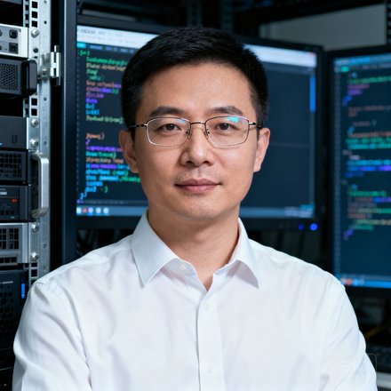 360直播首席技术官陈敏的专业形象照，她戴着细框眼镜身着白色衬衫，身后是写满代码的显示屏和服务器机柜，展现技术领导者的干练气质